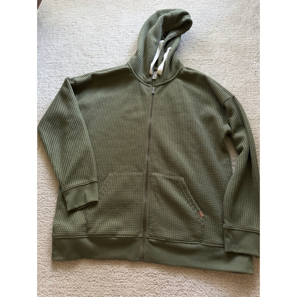 L.L.Bean Womens XL Waffle Knit Full Zip Hoodie Olive Green Long Sleeve Outdoor